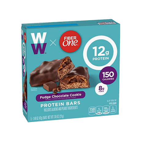 Fiber One featuring WW, Fudge Chocolate Cookie Protein Bars front of pack, 5ct, 1.49oz