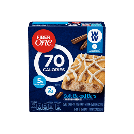 Fiber One Cinnamon Coffee Cake 70 Calorie Soft-Baked Bars front of pack, 6ct, 0.89oz