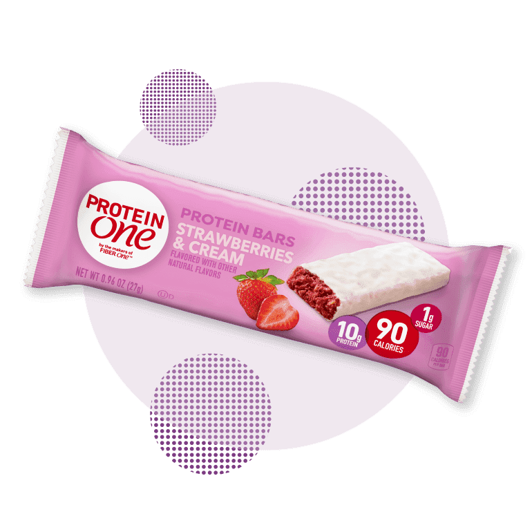 Protein One Strawberries and Cream Protein Bar, 0.96oz, single bar on a dotted background