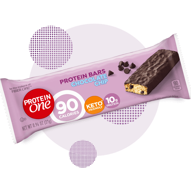 Protein One Keto Friendly Chocolate Chip Protein Bar, 0.96oz, single bar on a dotted background